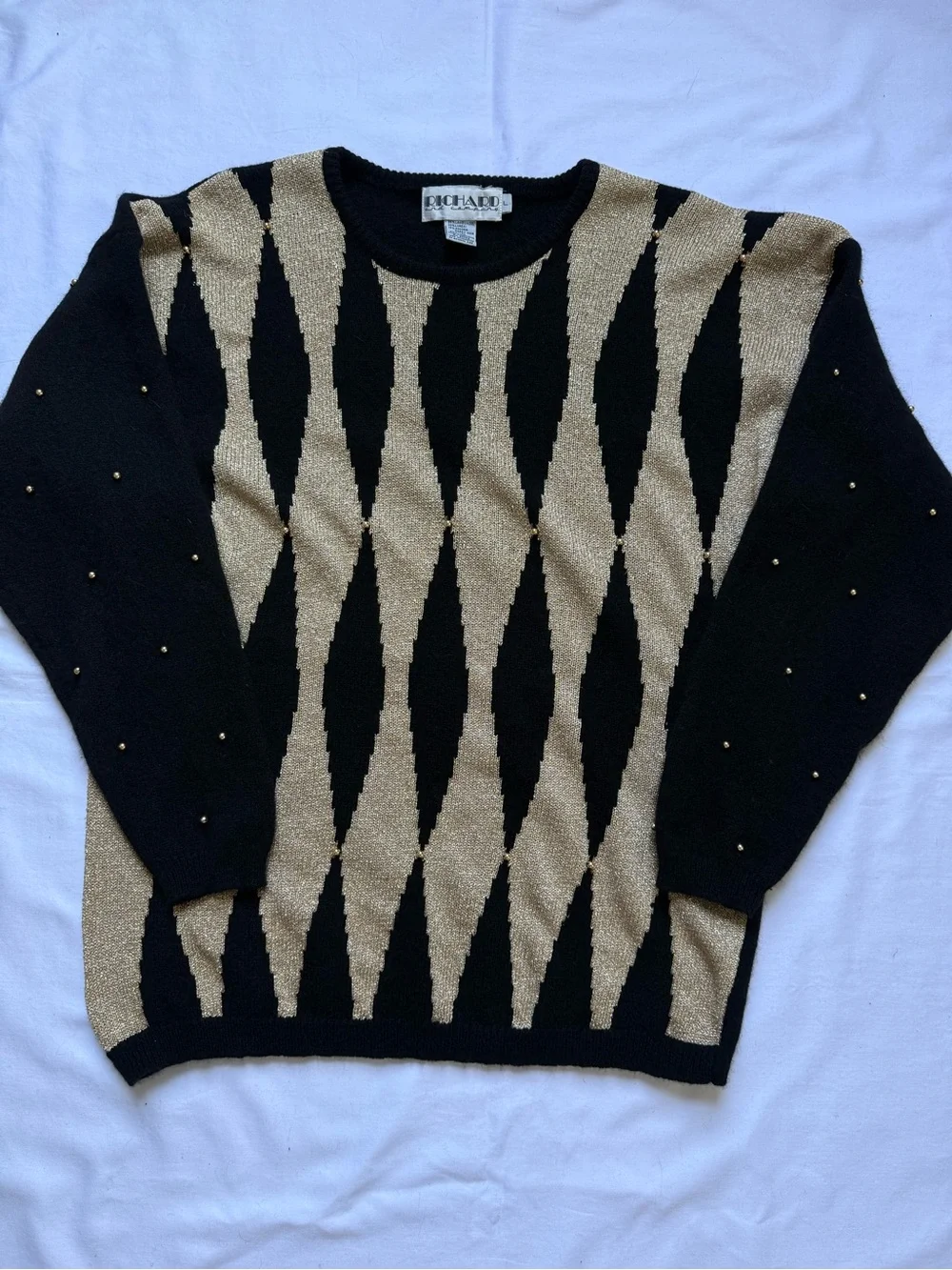 Vintage 80s/90s Black & Gold Diamond-Pattern Crewneck Sweater - Women
